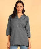 BLOCKS OF INDIA Cotton Hand Solid Color Kurti for Women - Grey