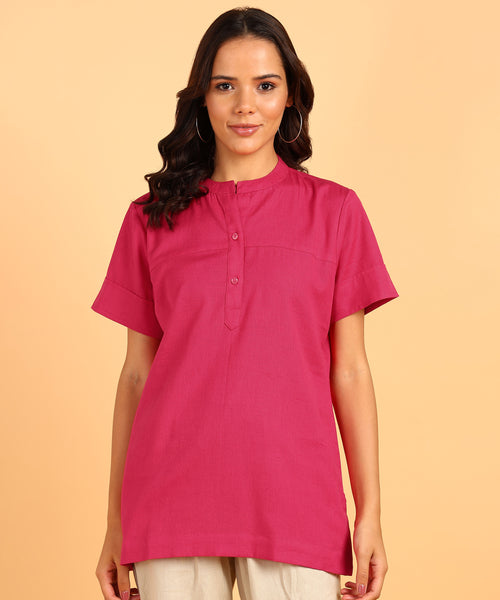 BLOCKS OF INDIA Cotton Solid Color Top for Women - Hot Pink