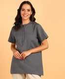 BLOCKS OF INDIA Cotton Solid Color Top for Women - Grey