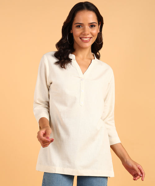 BLOCKS OF INDIA Cotton Hand Solid Color Kurti for Women - Natural White