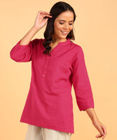 BLOCKS OF INDIA Cotton Hand Solid Color Kurti for Women - Hot Pink