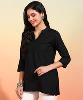 BLOCKS OF INDIA Cotton Hand Solid Color Kurti for Women - Black