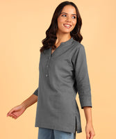 BLOCKS OF INDIA Cotton Hand Solid Color Kurti for Women - Grey