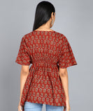 BLOCKS OF INDIA Cotton Hand Printed Short Kurti top for Women Red Buti