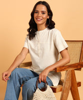 BLOCKS OF INDIA Cotton Solid Color Top for Women - Natural White