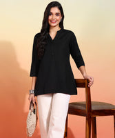 BLOCKS OF INDIA Cotton Hand Solid Color Kurti for Women - Black