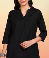 BLOCKS OF INDIA Cotton Hand Solid Color Kurti for Women - Black