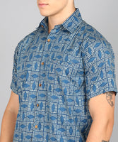 BLOCKS OF INDIA Cotton Hand Block Print Half Sleeves Summer Shirt for Men (Blue Eye)