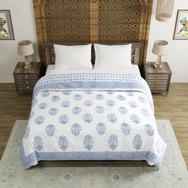 King Size Quilt/Rajai Cotton Hand Block Print (225 cm X 270 cm) (BLUE BUTA)