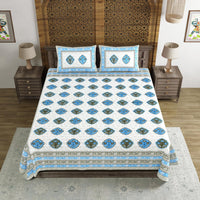 King Size Pure Cotton Hand Block Print Bedsheet (Blue Grey Rose)