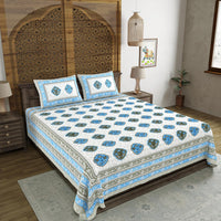 King Size Pure Cotton Hand Block Print Bedsheet (Blue Grey Rose)