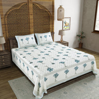 BLOCKS OF INDIA Hand Block Printed Cotton Super King Size Bedsheet(270 x 270) (Blue Grey Tree)