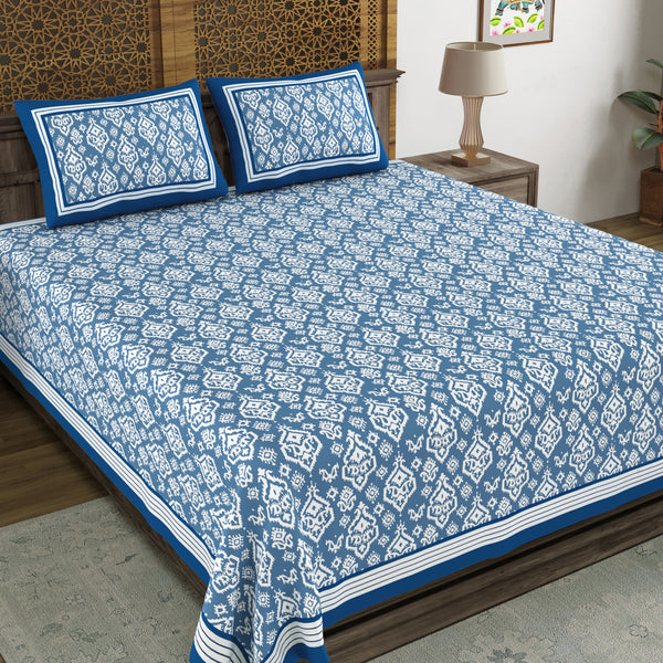 BLOCKS OF INDIA Hand Block Printed  Cotton Super King Size Bedsheet(270 x 270) (Blue Ikat Proceine)