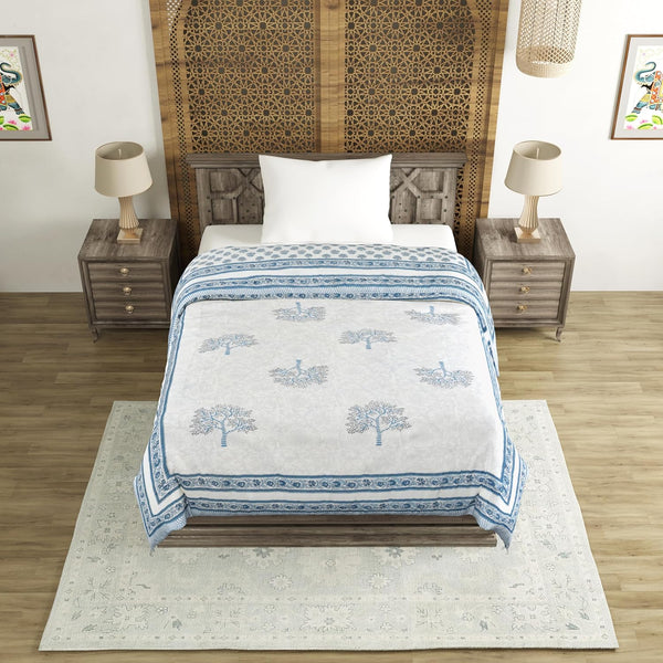 Cotton Dohar / Blanket Single Bed Size Hand Block Printed, Blue Tree