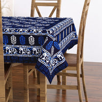 PURE COTTON RAJASTHANI HAND BLOCK PRINT SIX SEATER TABLE CLOTH (Blue Elephant)