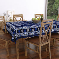 PURE COTTON RAJASTHANI HAND BLOCK PRINT SIX SEATER TABLE CLOTH (Blue Elephant)