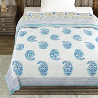 Cotton Single Size Quilt Hand Block Print for Light Winters (150x225 cm) (Blue Jaal)