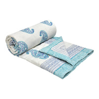 Cotton Single Size Quilt Hand Block Print for Light Winters (150x225 cm) (Blue Jaal)