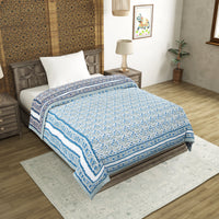 Cotton Single Size Quilt Hand Block Print for Light Winters (150x225 cm) (Blue Grey Jaal)