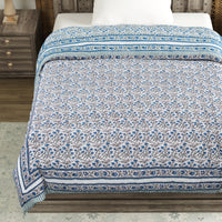 Cotton Single Size Quilt Hand Block Print for Light Winters (150x225 cm) (Blue Grey Jaal)