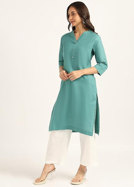 BLOCKS OF INDIA Cotton Hand Solid Long Kurti for Women Solid Green