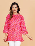 BLOCKS OF INDIA Cotton Hand Printed Short Kurti for Women Short Pink Lehariya