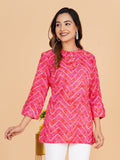 BLOCKS OF INDIA Cotton Hand Printed Short Kurti for Women Short Pink Lehariya