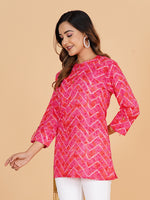 BLOCKS OF INDIA Cotton Hand Printed Short Kurti for Women Short Pink Lehariya