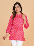 BLOCKS OF INDIA Cotton Hand Printed Short Kurti for Women Short Pink Lehariya