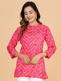 BLOCKS OF INDIA Cotton Hand Printed Short Kurti for Women Short Pink Lehariya