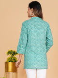 BLOCKS OF INDIA Cotton Hand Printed Short Kurti for Women Short Green Chakri