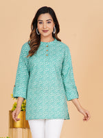 BLOCKS OF INDIA Cotton Hand Printed Short Kurti for Women Short Green Chakri