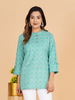 BLOCKS OF INDIA Cotton Hand Printed Short Kurti for Women Short Green Chakri