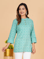 BLOCKS OF INDIA Cotton Hand Printed Short Kurti for Women Short Green Chakri