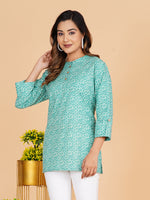 BLOCKS OF INDIA Cotton Hand Printed Short Kurti for Women Short Green Chakri