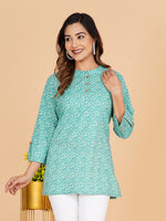 BLOCKS OF INDIA Cotton Hand Printed Short Kurti for Women Short Green Chakri