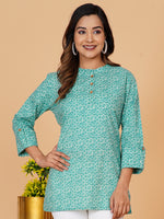 BLOCKS OF INDIA Cotton Hand Printed Short Kurti for Women Short Green Chakri