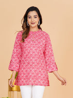 BLOCKS OF INDIA Cotton Hand Printed Short Kurti for Women Short Pink Mushroom