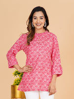 BLOCKS OF INDIA Cotton Hand Printed Short Kurti for Women Short Pink Mushroom