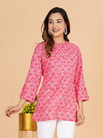 BLOCKS OF INDIA Cotton Hand Printed Short Kurti for Women Short Pink Mushroom