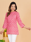 BLOCKS OF INDIA Cotton Hand Printed Short Kurti for Women Short Pink Mushroom