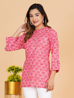 BLOCKS OF INDIA Cotton Hand Printed Short Kurti for Women Short Pink Mushroom