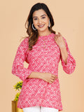 BLOCKS OF INDIA Cotton Hand Printed Short Kurti for Women Short Pink Mushroom