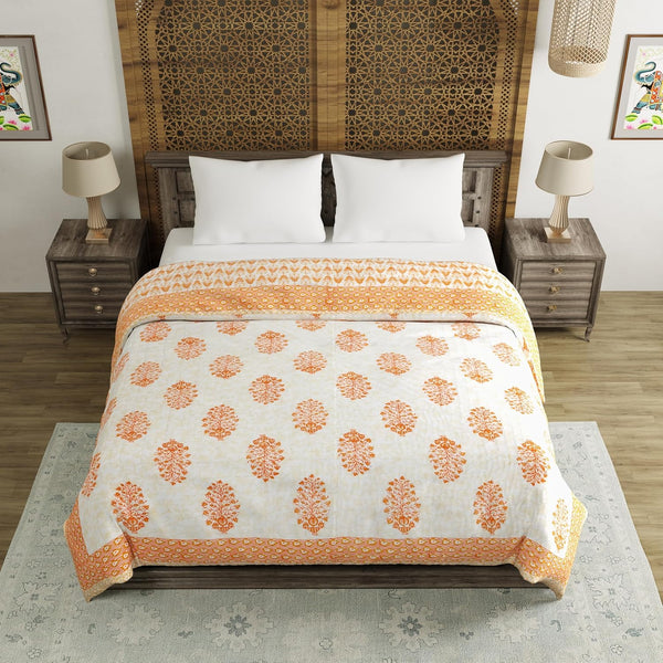 King Size Quilt/Rajai Cotton Hand Block Print (225 cm X 270 cm) (ORANGE POT)