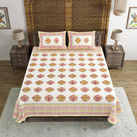 King Size Pure Cotton Hand Block Print Bedsheet (PEACH YELLOW ROSE)