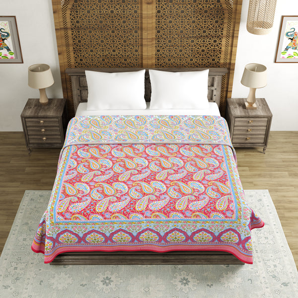 Cotton Dohar / Blanket King Bed Size Hand Block Printed (Red Gad Paisley)