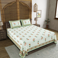 BLOCKS OF INDIA Hand Block Print Cotton King Size Bedsheet Red Green Flower