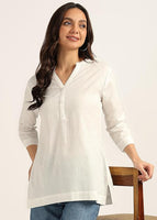 BLOCKS OF INDIA Cotton Hand Solid Color Kurti for Women - White