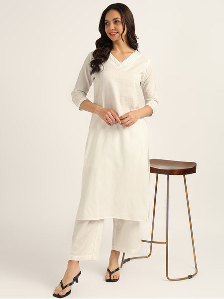 BLOCKS OF INDIA Women solid Kurta With Trouser (White)