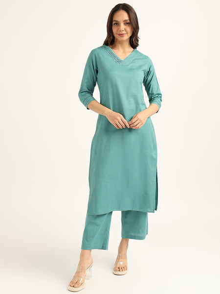 BLOCKS OF INDIA Women Solid Kurta With Trouser (Green)